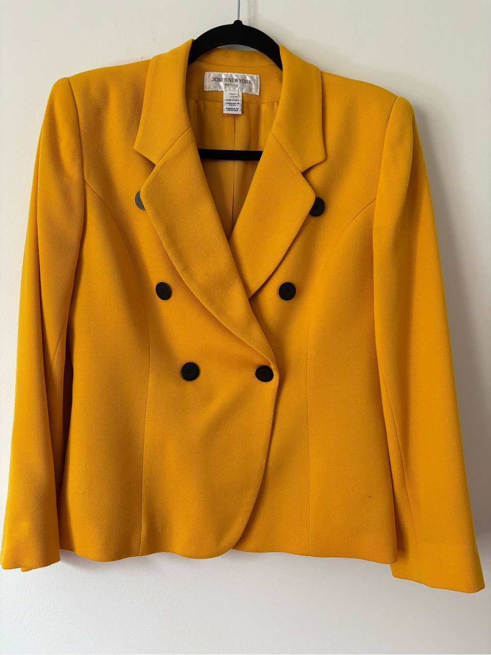 Vintage Jones New York Double-Breasted Mustard Yellow Blazer with Black Buttons